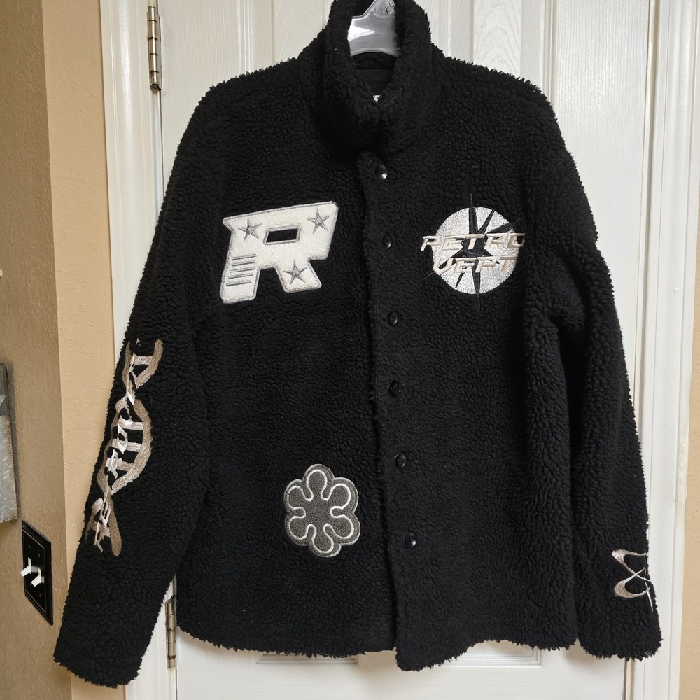Retro Vert Adult's‎ Embroidered Relaxed Sherpa Button Up Jacket AR8 Black Small